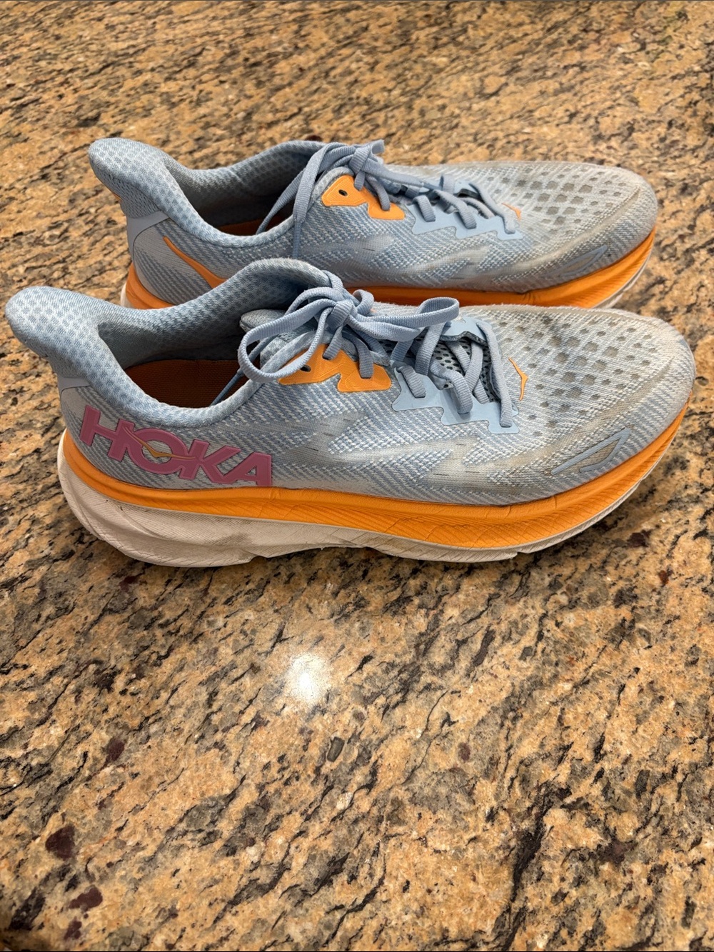 Hoka Clifton 9 Running Shoes | Size 10B | Blue/Orange/Pink